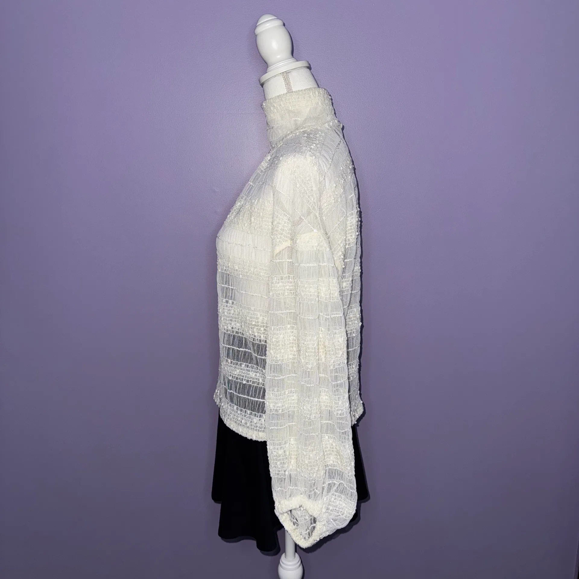 NWT  White Skimming Mesh Pleated Mock Neck Balloon Sleeve Top - Image 11