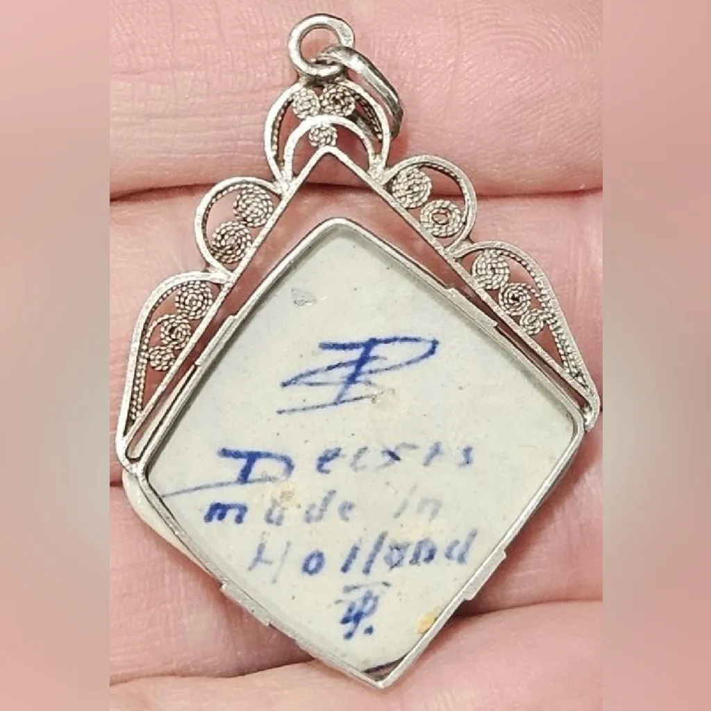 Vintage Delft Windmill Jewelry Set: Locket Necklace, Pendant, Brooch & Earrings Blue - Image 5