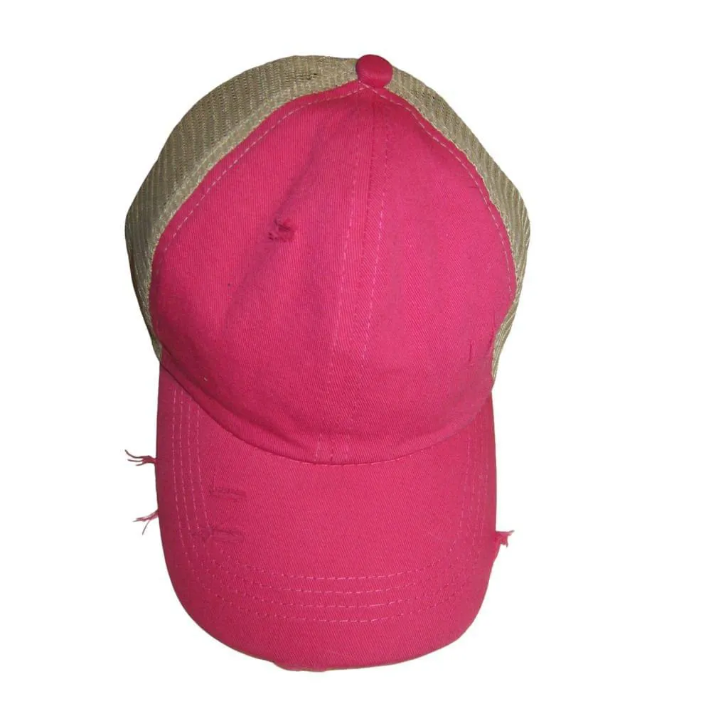 Hot Pink Distressed Ponytail Trucker Hat Mesh Back Adjustable Cap - Image 2