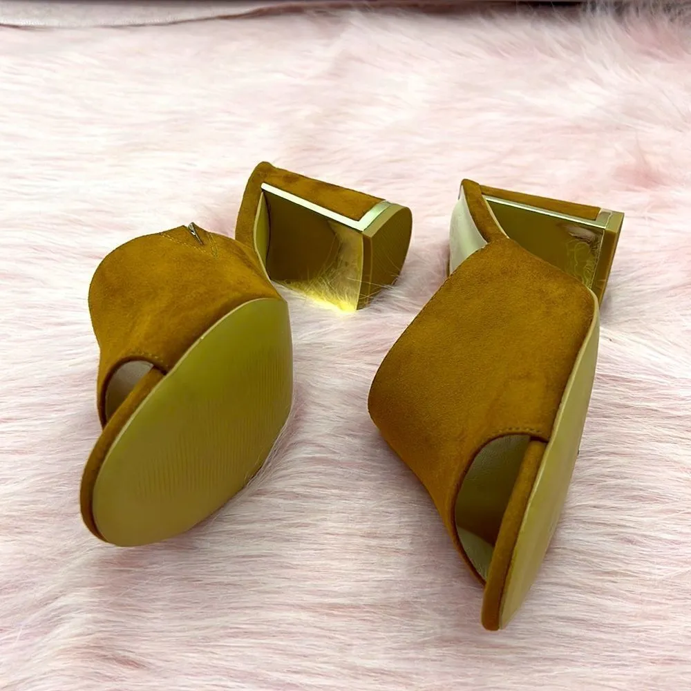 Halston Vegan suede dress sandal gold detail cognac color - Image 8