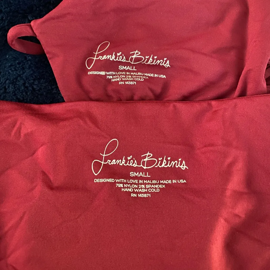 NEW $80 Frankie’s Bikinis Maroon Halter Strappy Crochet Bikini Set S - Image 5