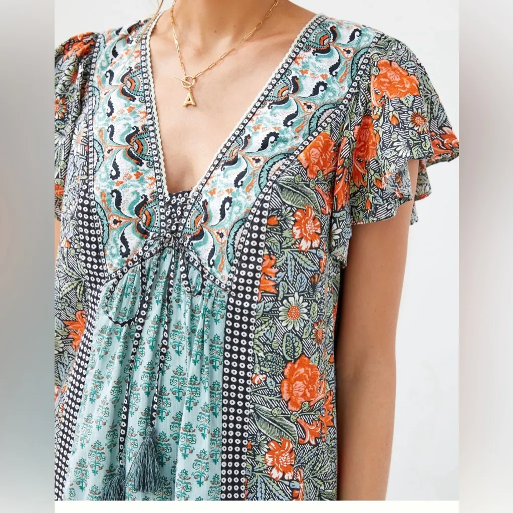 Anthropologie Astrid Boho Paisley Floral Tunic Dress Blue Green size Small - Image 4