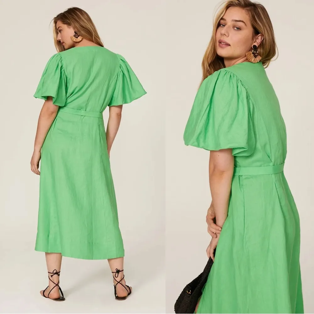 NICHOLAS • Troy Dress green linen midi puff sleeve tie waist button front Size 6 - Image 14