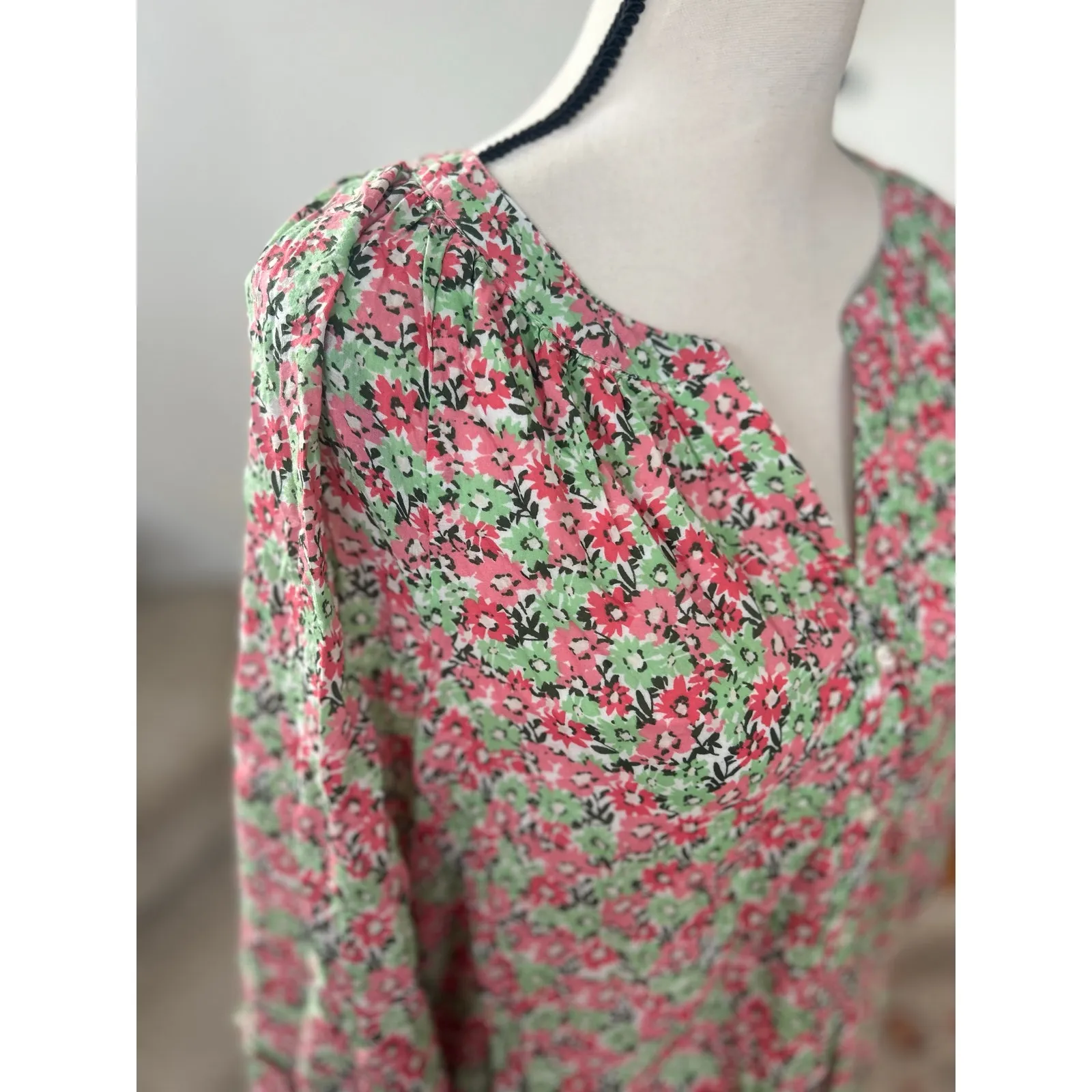 Vineyard Vines Green & Pink Daisy Floral Long Blouson Sleeve Shirt Dress - Image 6