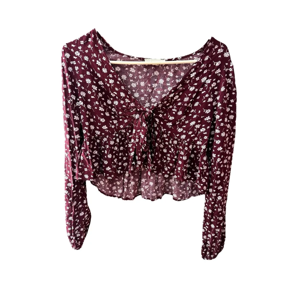 PacSun L.A. Hearts Floral Tie Front Long Sleeve Crop Blouse Burgundy White Med - Image 3