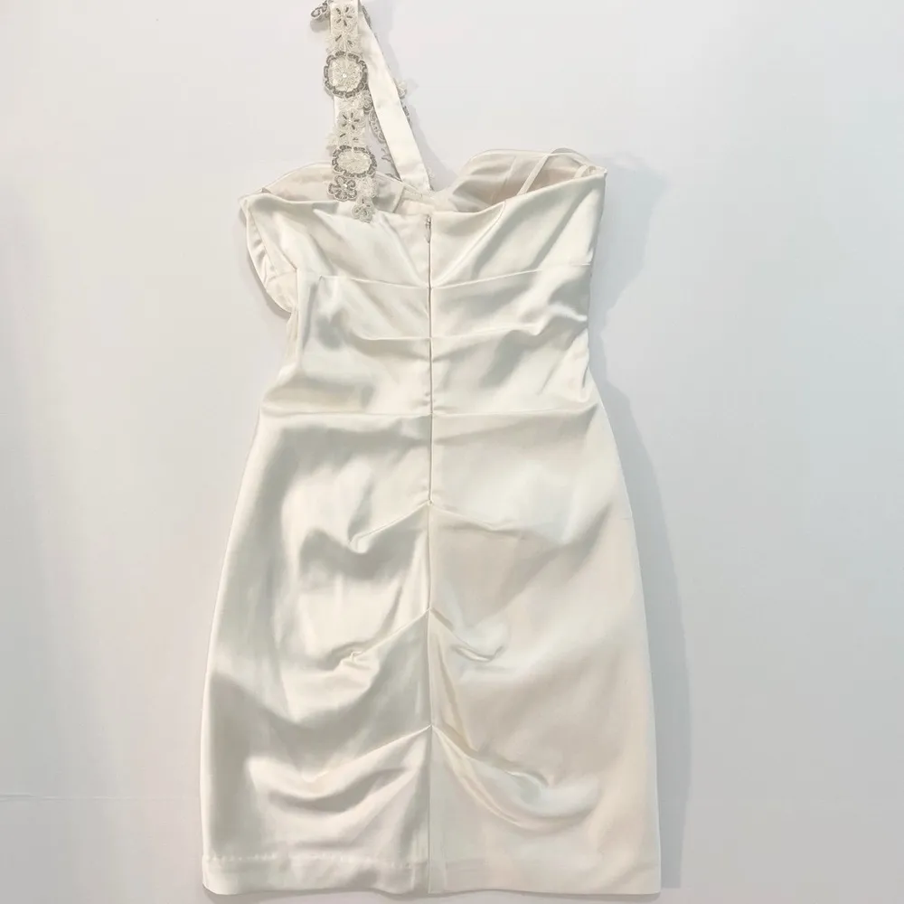 Cache Ivory Pearl Ruched Dress Satin Single Strap Beaded Bridal Engagement Sz 4 - Image 5