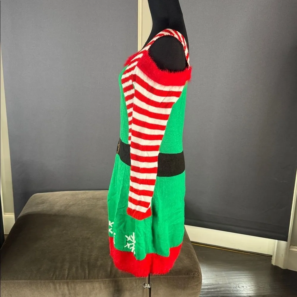 Women’s Spadehill Christmas Festive Elf Costume Sweater Dress Green Red Size S - Image 5
