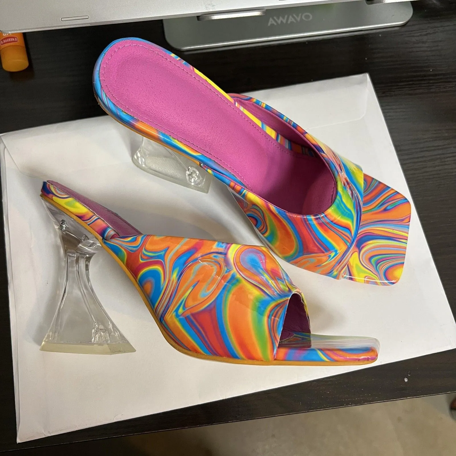 Rainbow Swirl Heels Shoes Womens Size 8.5 EU 39 Lucite Mule Square Toe Sandals Blue - Image 2