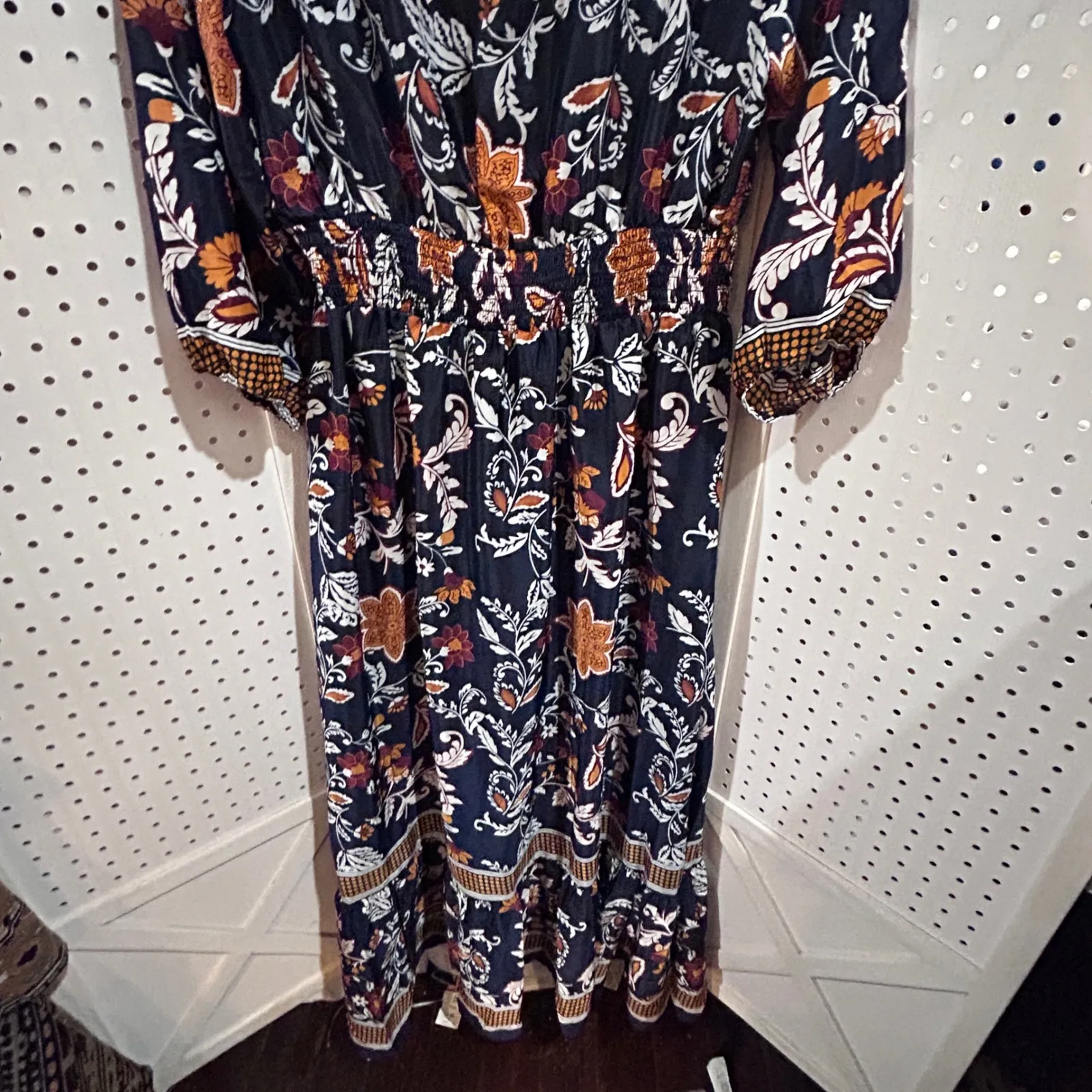 Lapogee Boho Floral Maxi Dress Navy Orange Tassel V Neck Smocked Waist L Black Size L - Image 9