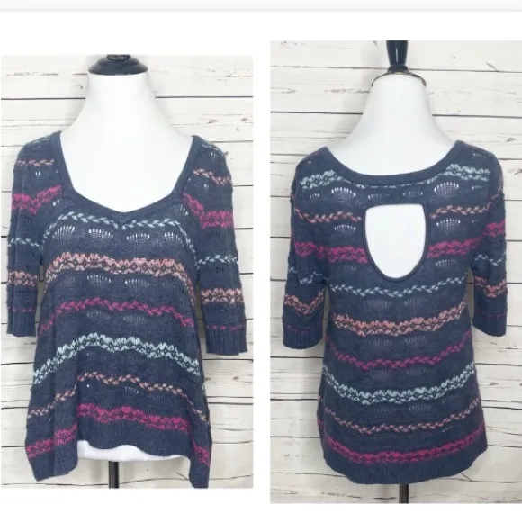 Free People Cropped Keyhole Sweater Top Size Medium Blue Stripe Wool Blend - Image 2