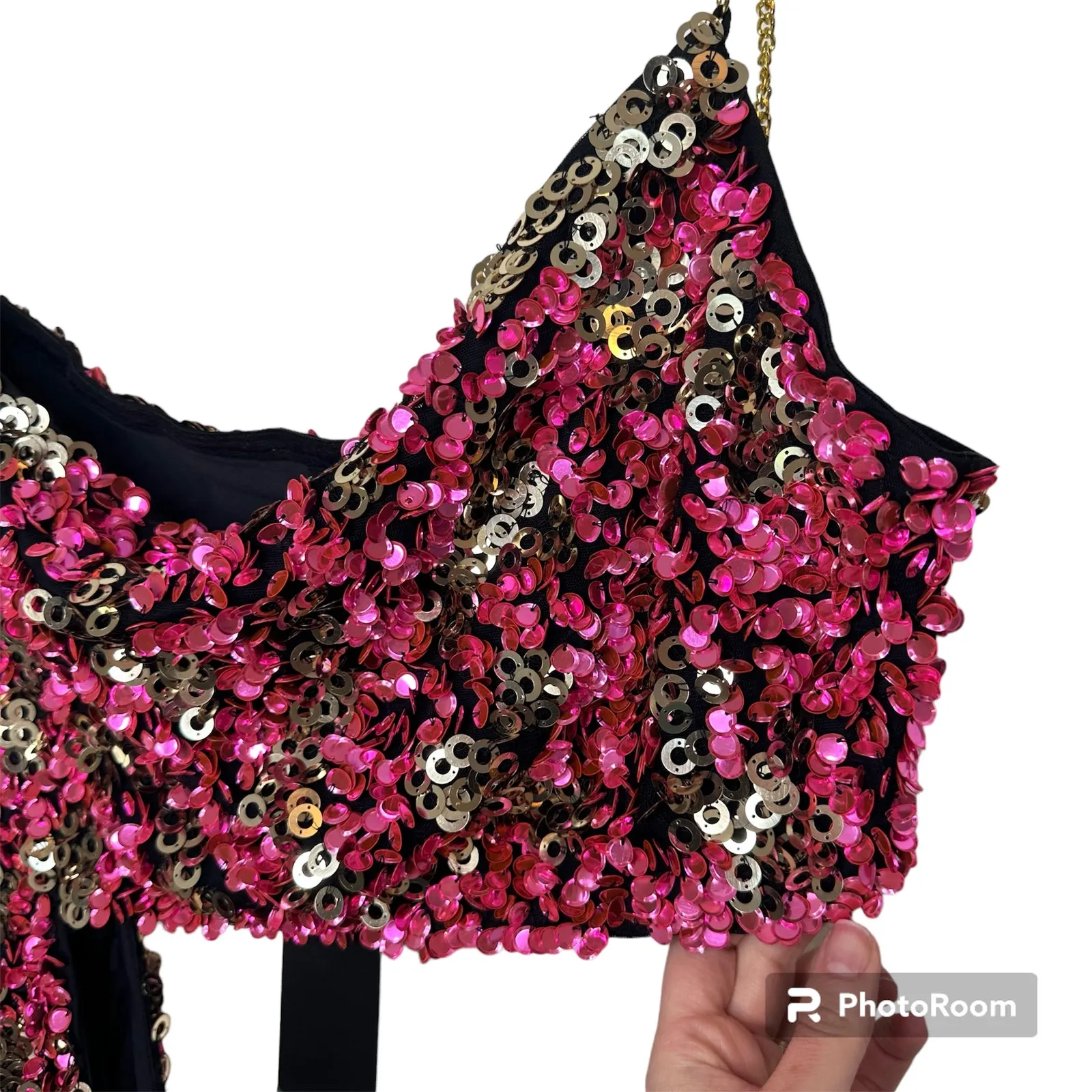 H:ours NWT Sybila Fuchsia and Gold Shiny Sequin Cut-Out Party Mini Dress Medium - Image 4