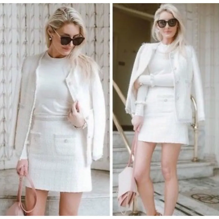 Zara Blazer Tweed Frayed Pearl Button Jacket Cream Silver Metallic Womens Sz XS - Image 2