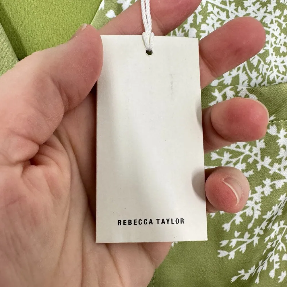 Rebecca Taylor Size Medium Green Satin Fleur Fern Floral Blouse Casual‎ Career - Image 11