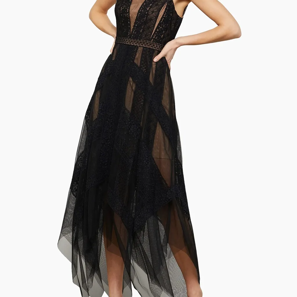 BCBG MAXAZRIA Andi
Handkerchief Asymmetric Lace
Tulle Dress Black - Image 2