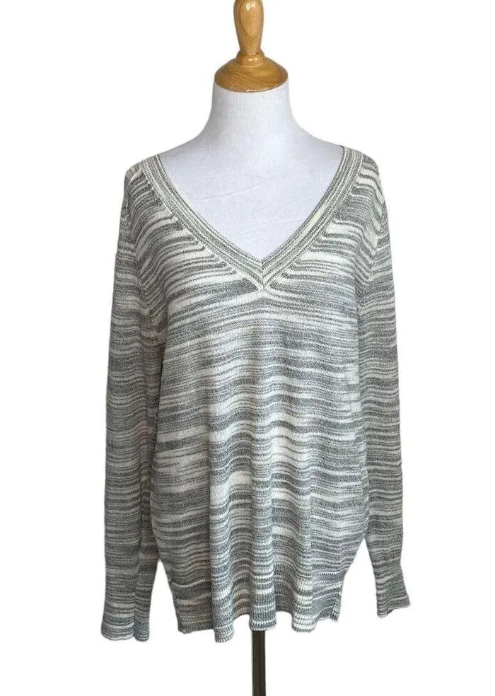 Anthropologie MOTH Marled Sheer Pullover Sweater Gray White V Neck Open Knit XL - Image 7