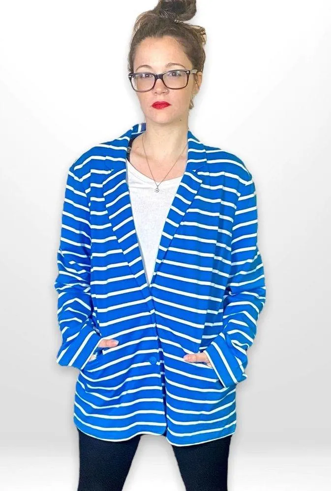 00s JOAN VASS Vintage Blue White Cotton Striped Collared Cardigan - Image 8