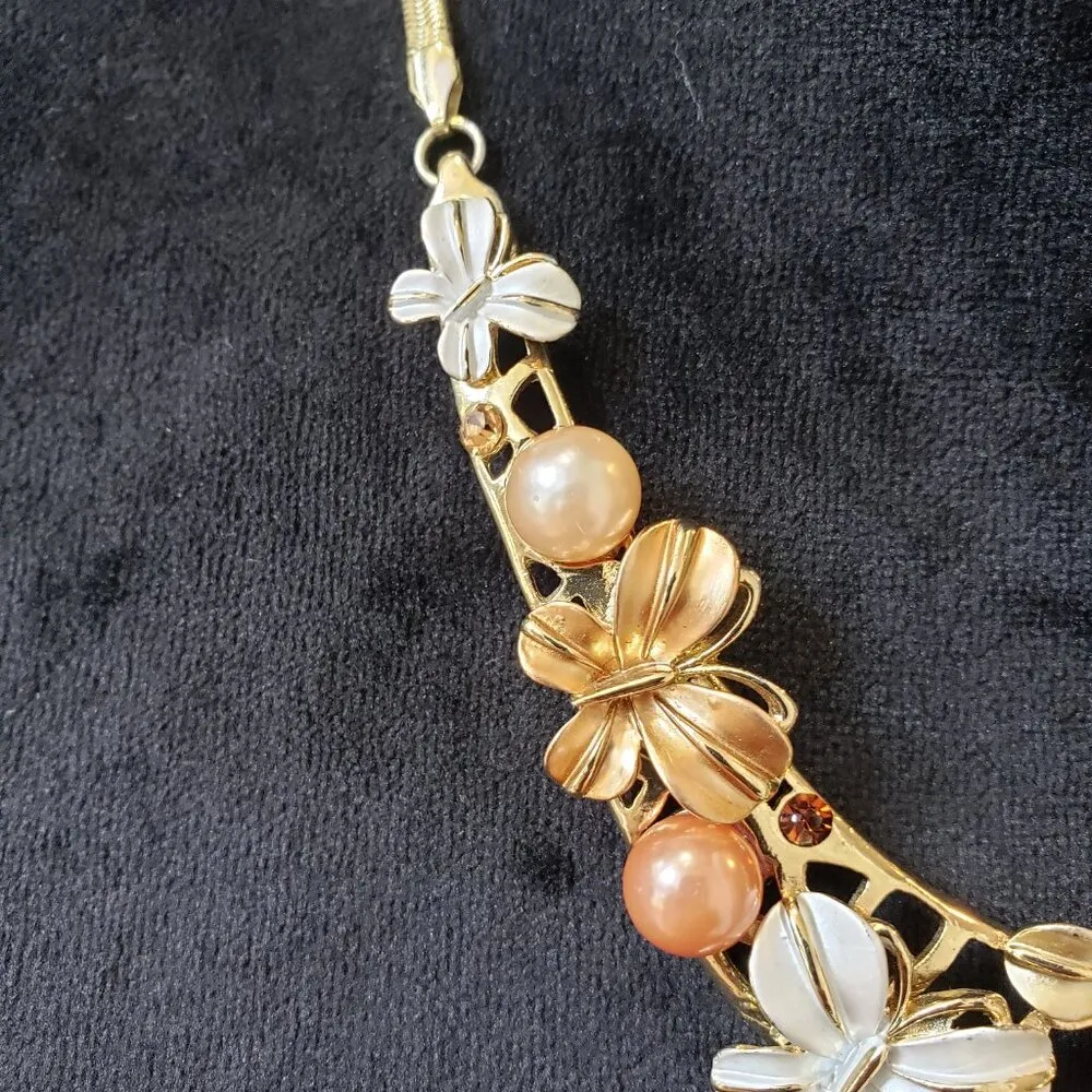 Women's Fashion Gold & Copper Ton Butterfly Sea Pearl Bib Necklace with Lobster - Image 5