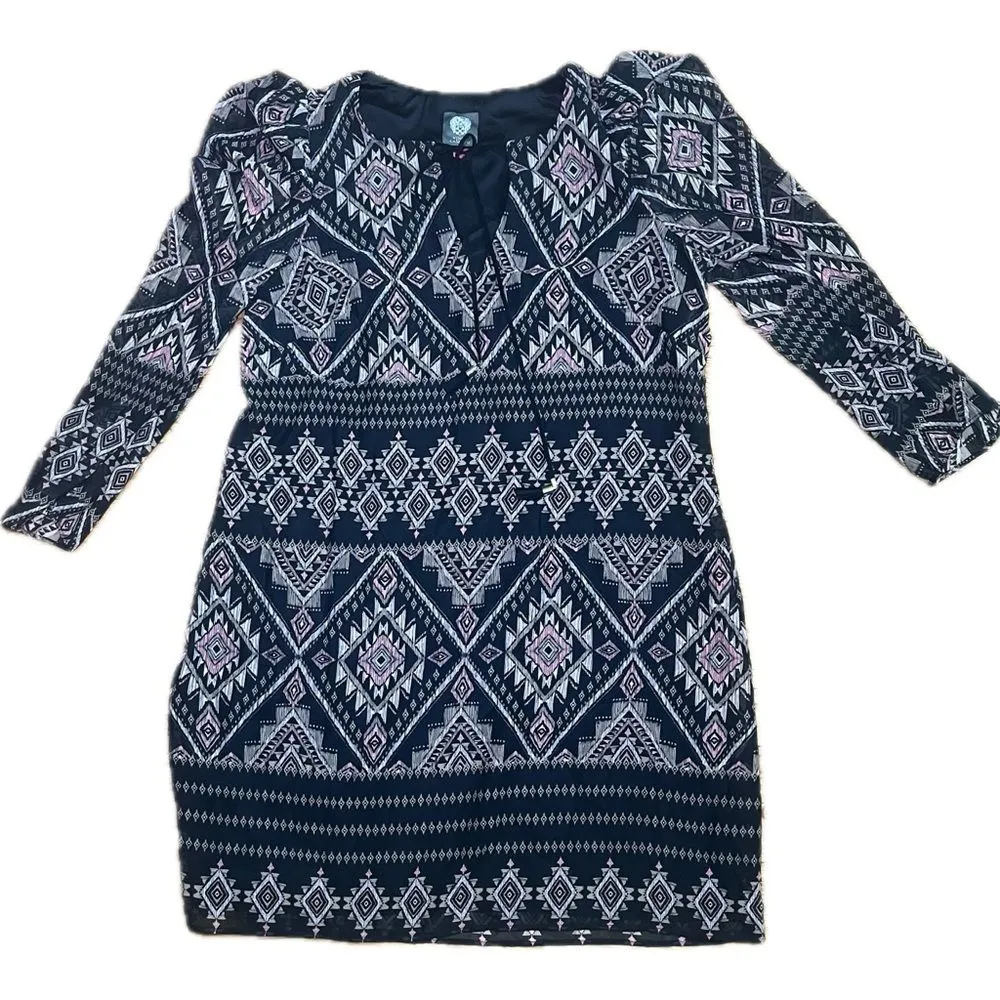 Vince Camuto Sheer Sleeve Geo Print Split Tie Neck Midi Dress Black Tan Sz 12 - Image 2