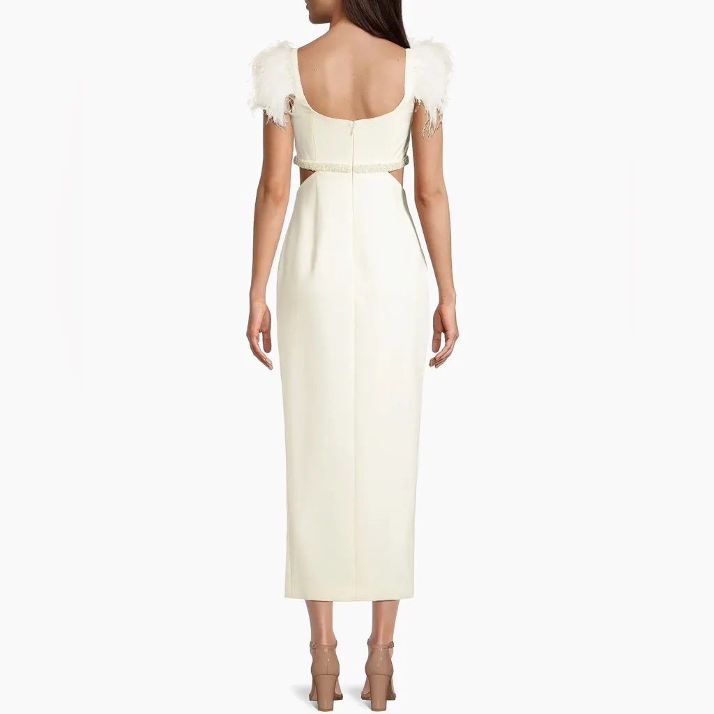 Likely Taliah Feather-Embellished Cut-Out Midi-Dress Formal Bridal White Ivory - Image 2
