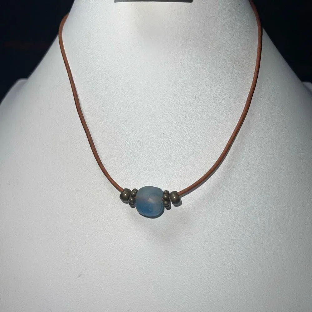 Leather and Art Glass Bead Loop Closure‎ Necklace Blue - Image 2