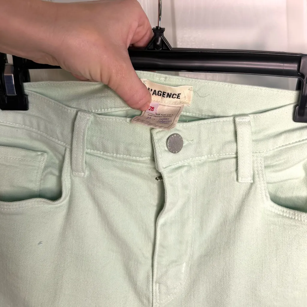 L'AGENCE Light Green Mint Denim Jeans Pants Straight Leg Raw Hem High Rise 28 - Image 7