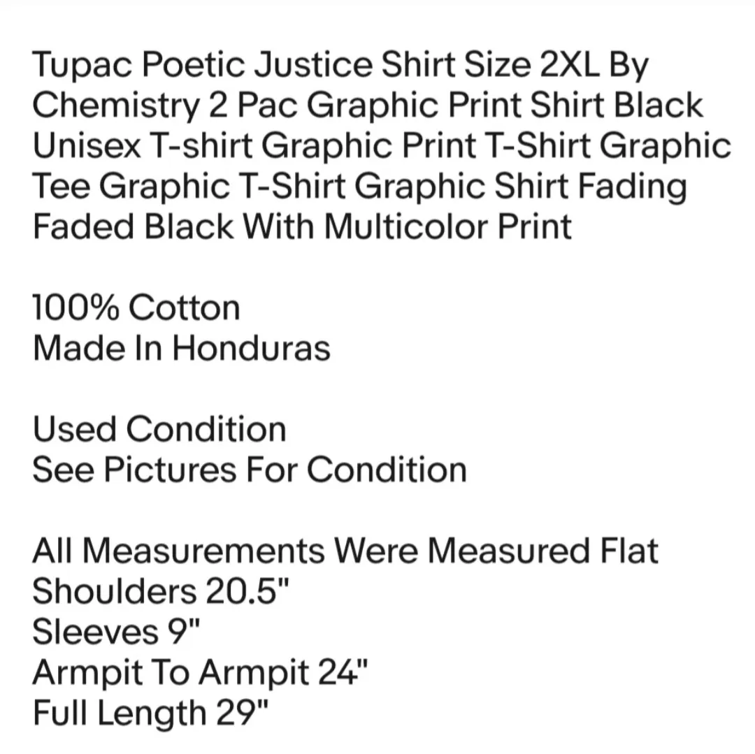 Tupac Poetic Justice Shirt Size 2XL By Chemistry 2 Pac Graphic Print Shirt Black Unisex T-shirt  - Image 2