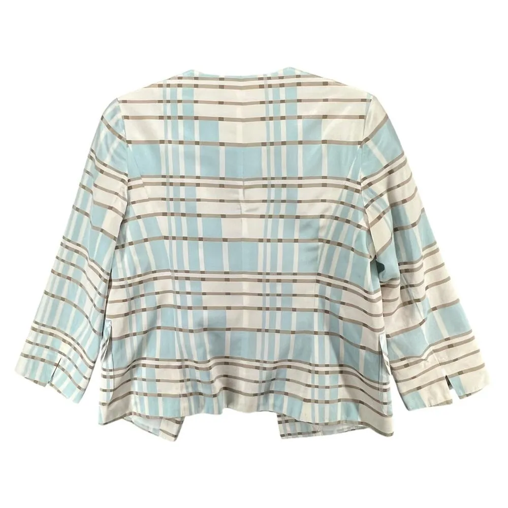 Pendleton Blazer Jacket Womens 4 Blue Tan White Plaid Open Silk Blend Preppy - Image 4