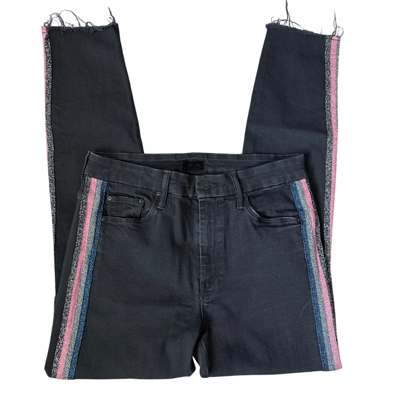 MOTHER High Waisted Looker Ankle‎ Fray in Guilty Glitter Racer Stripe Size 29 Black - Image 7