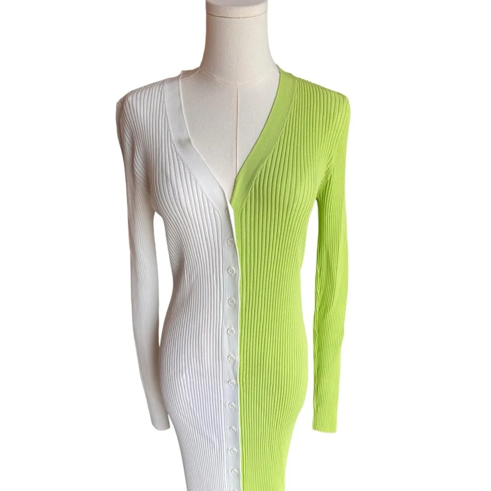 STAUD - Shoko Sweater Dress Lime White Colorblock Midi Sz M - Image 3