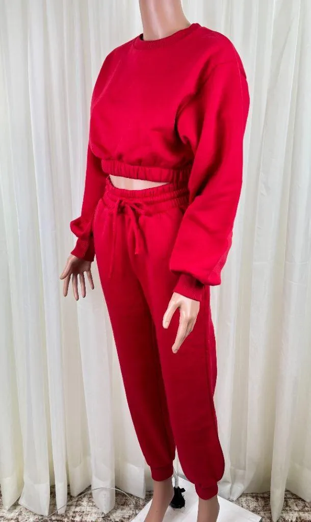 Zenana 2 Pcs Crop Sweatshirt Tracksuit Jogger Pants Set Outfit Active Loungewear Red Size Small - Image 3