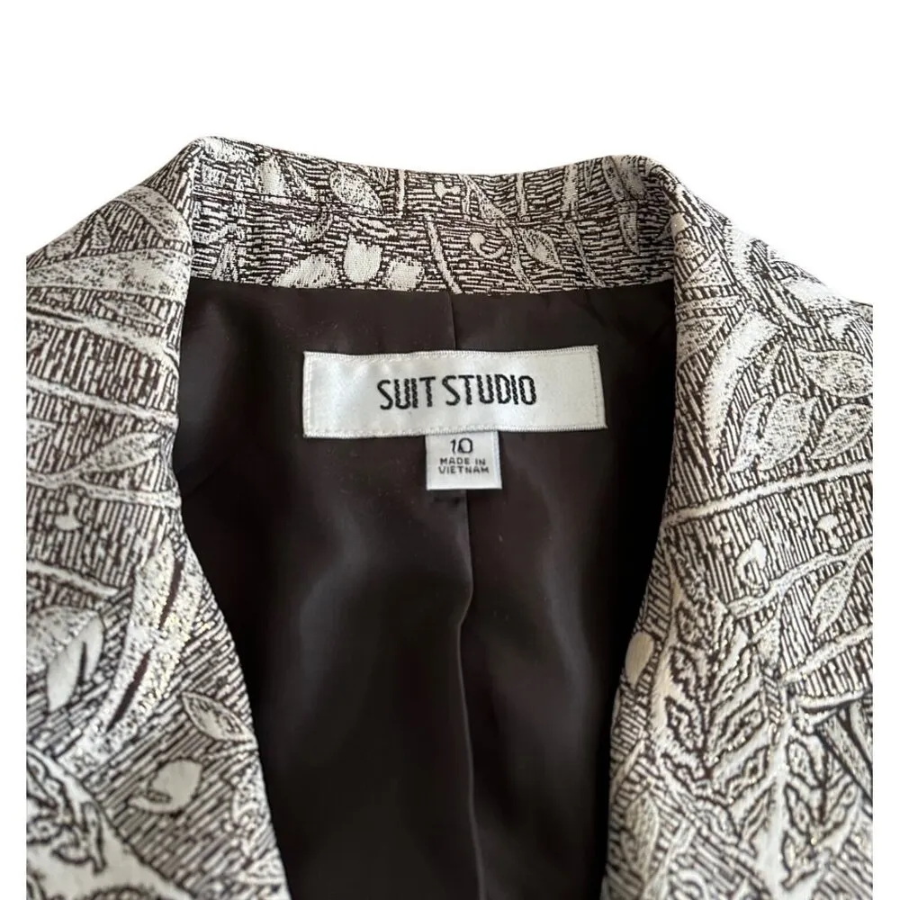 Suit Studio Metallic Silver Blazer Jacket Paisley Patterned Single Breasted Sz 1 Gray - Image 3