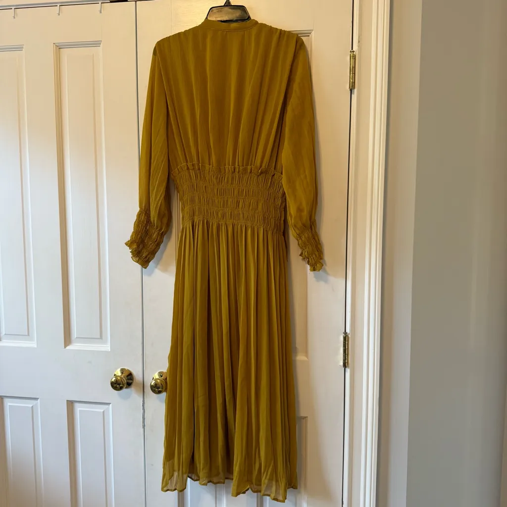 Zara Mustard Yellow Ruched Waist Tie Neck Maxi Dress Size XL - Image 4