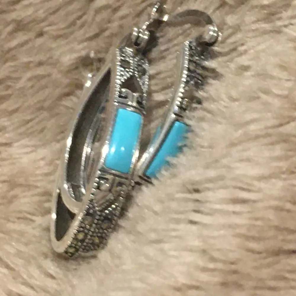 Turquoise Marcasite Sterling Silver Oval Hoop Saddle Back Earrings Blue - Image 4