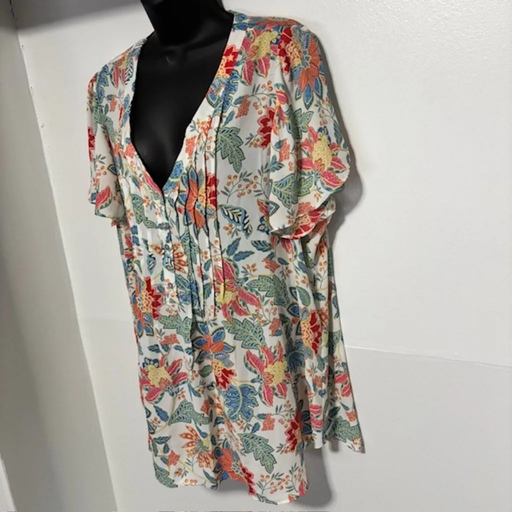 Rose & Olive 1X Orange Blue Flutter Blouse Short Sleeve V Neck Garden Botanical - Image 2