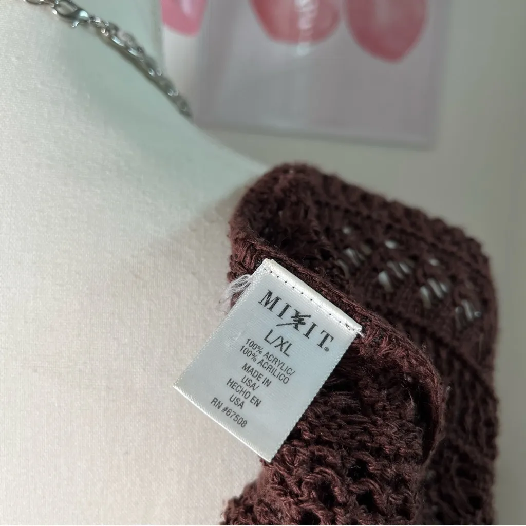 Vintage Y2K Mixit Chocolate Brown Crochet Knit Tie‎ Front Cardigan Sweater L/XL - Image 4