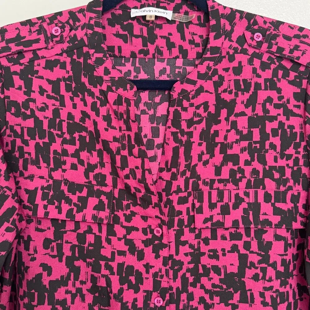 CALVIN KLEIN Geometric Long Sleeve Button Down Blouse Crepe Fuchsia NWOT Medium - Image 6