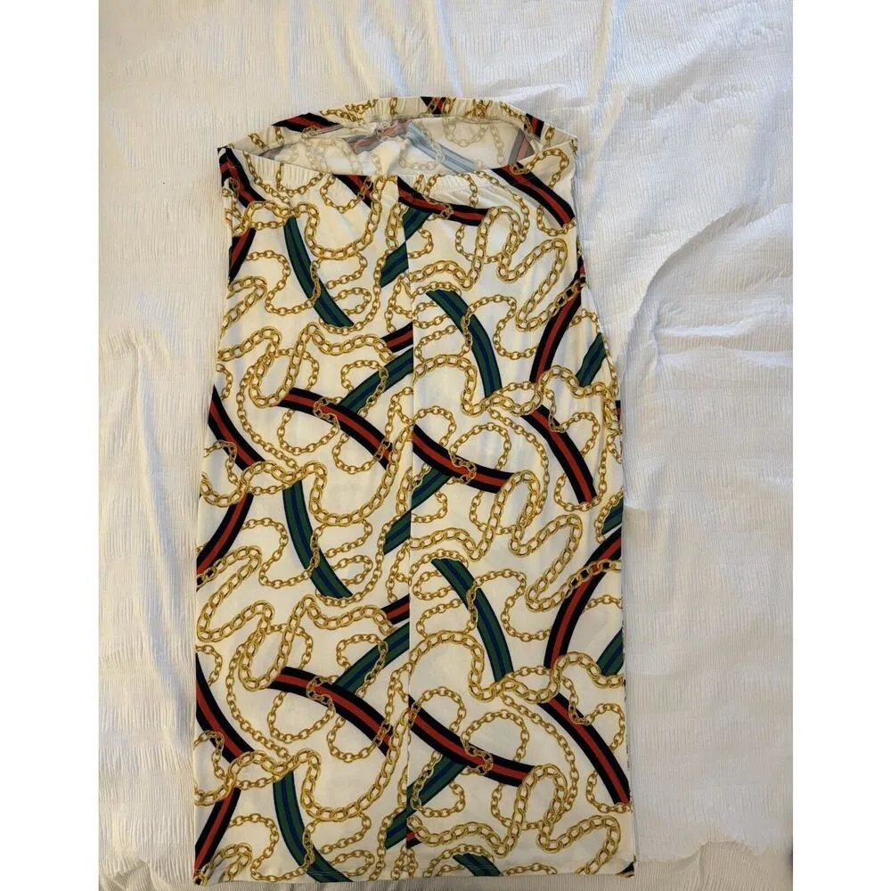 Women's Strapless Dress Swimsuit Coverup Gold Chain Print Green Red Stripe Size 1X - Image 5