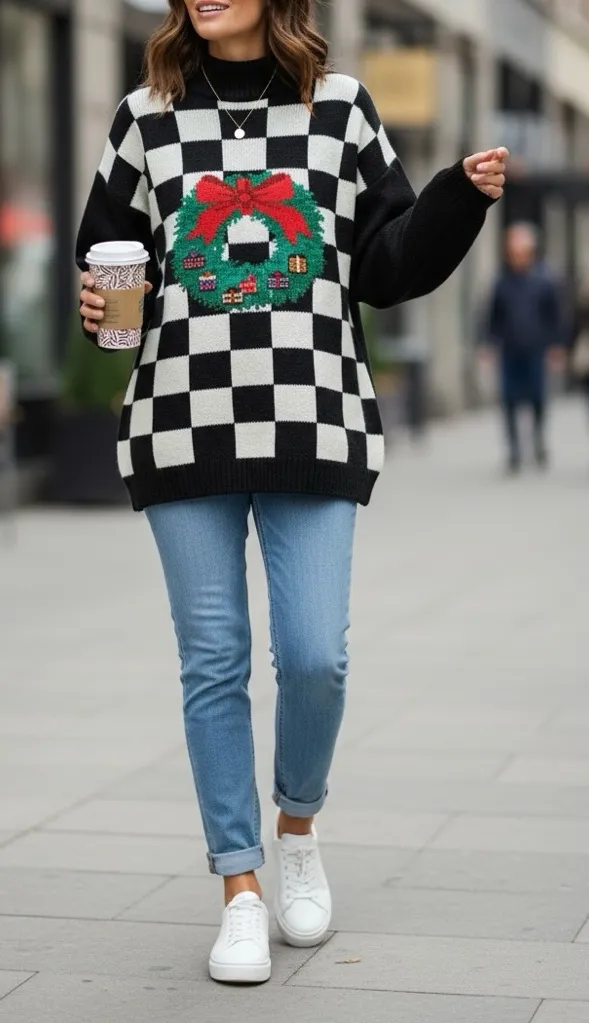 Vintage Lauren Grey Black And White Checkered Christmas Wreath Sweater M Red Size M - Image 1