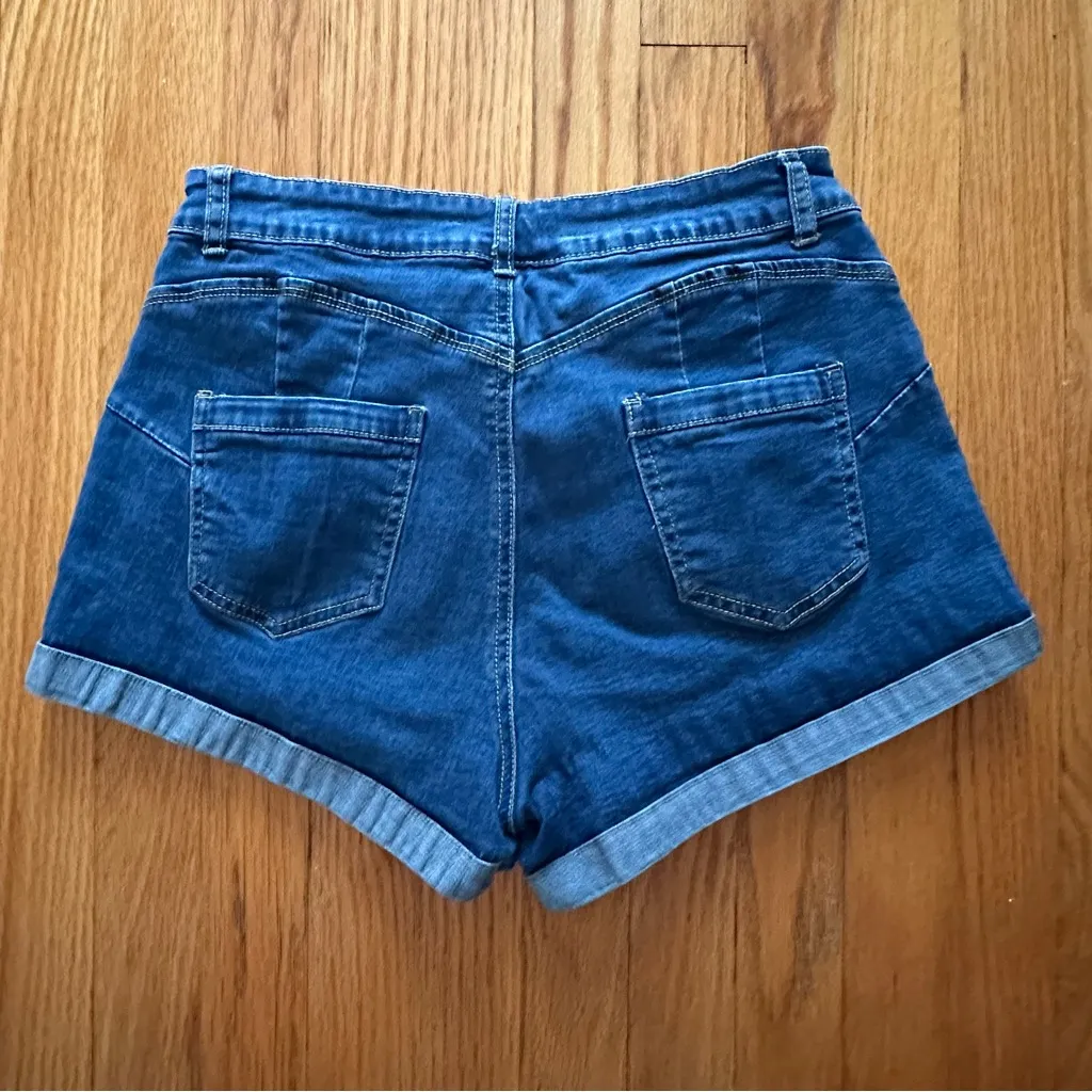 Women's Midrise Cuffed Denim Shorts Large 10/12 Medium Wash Stretch Jeans Blue - Image 2