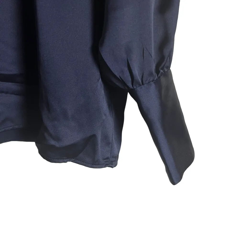 Rachel Zoe Navy Blue Satin V-Neck Long Button Sleeve Blouse Size Large - Image 7