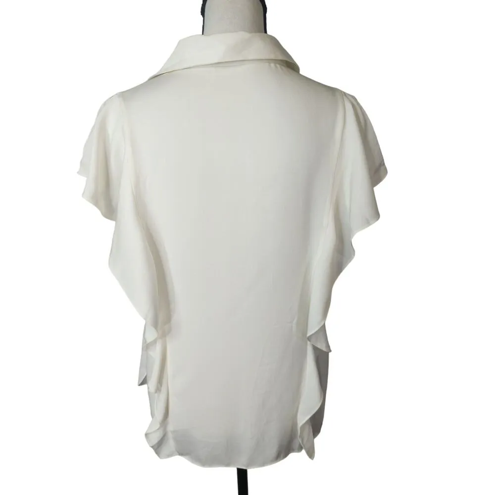 Theory Cream Silk Button-Down Georgette Ruffle Top Career Office Casual Womens L - Image 6