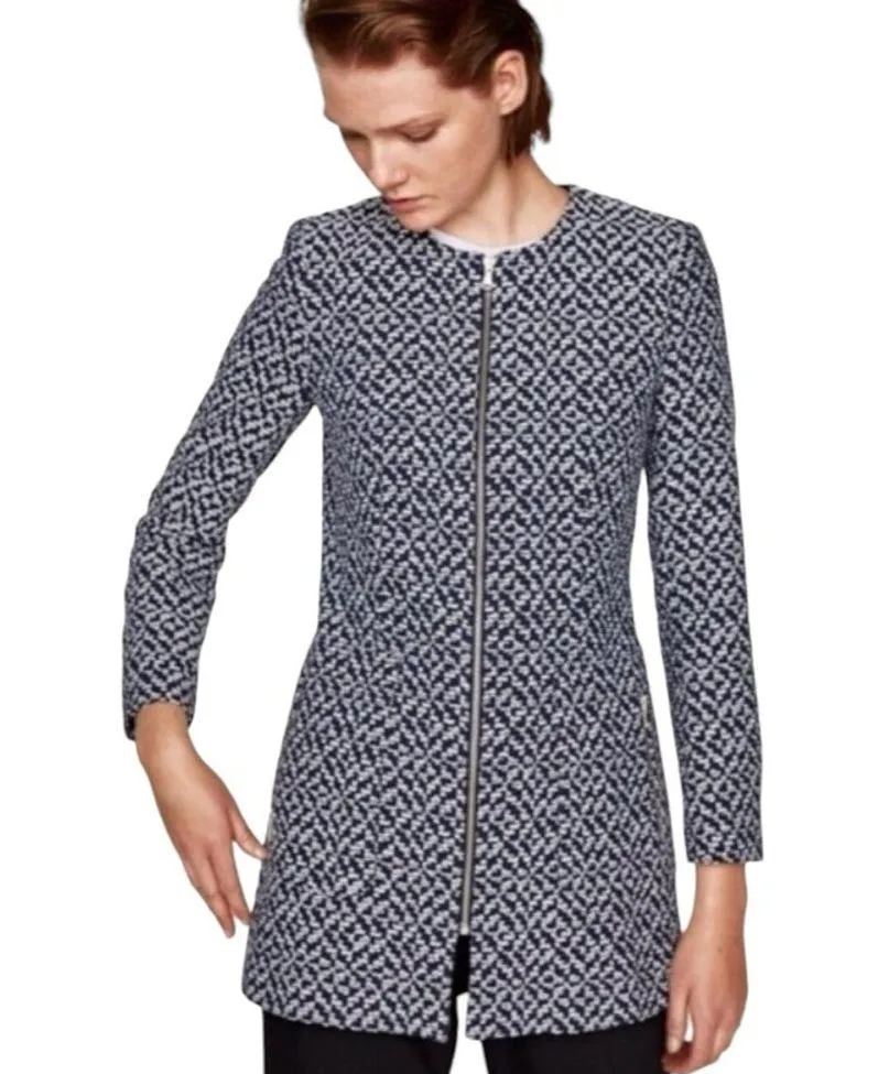 Zara Padded Shoulder Tweed Full Zip Coat in Navy Blue/White - Image 12