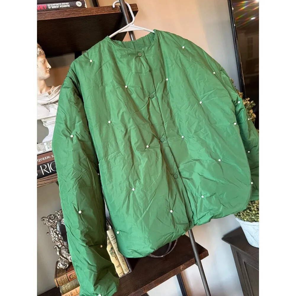 SLEEPER Puffer Jacket With Pearl Details Green Womens Size Small Medium - Image 7