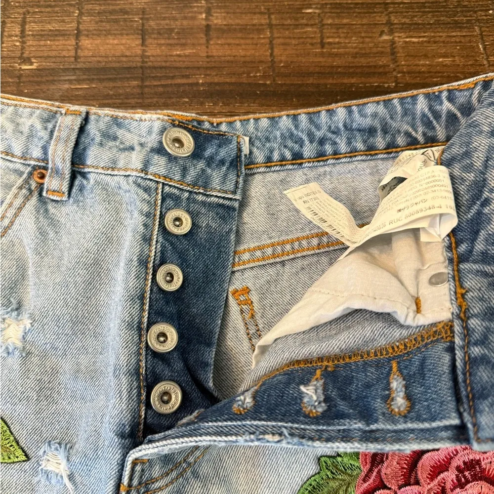 Zara TRF Floral Embroidered Cotton Denim Shorts Blue High Rise Size 4 - Image 6