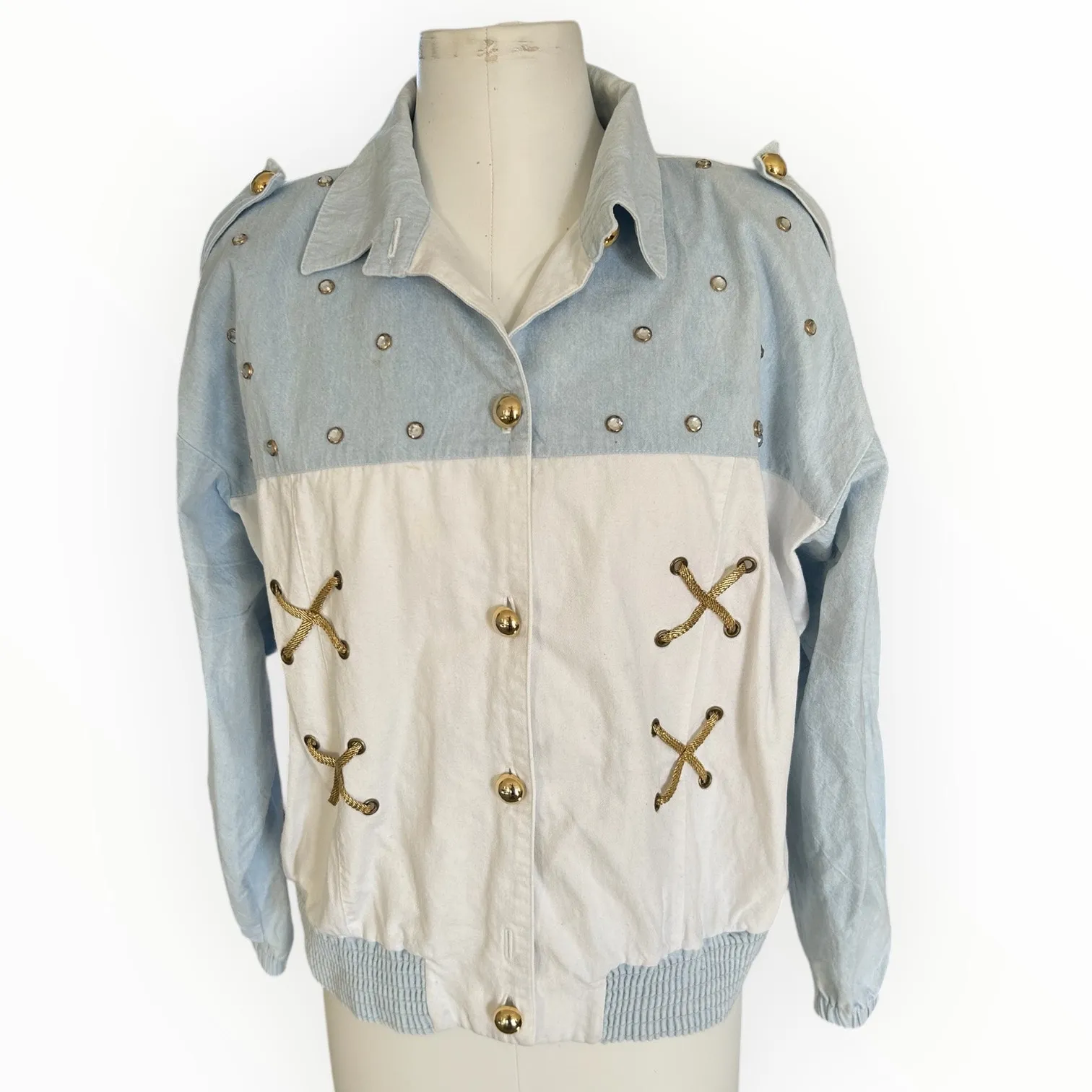 Vintage 80s FRESH Studded Gold Embellished Bomber Jacket Blue Cream Women's L Size L - Image 2