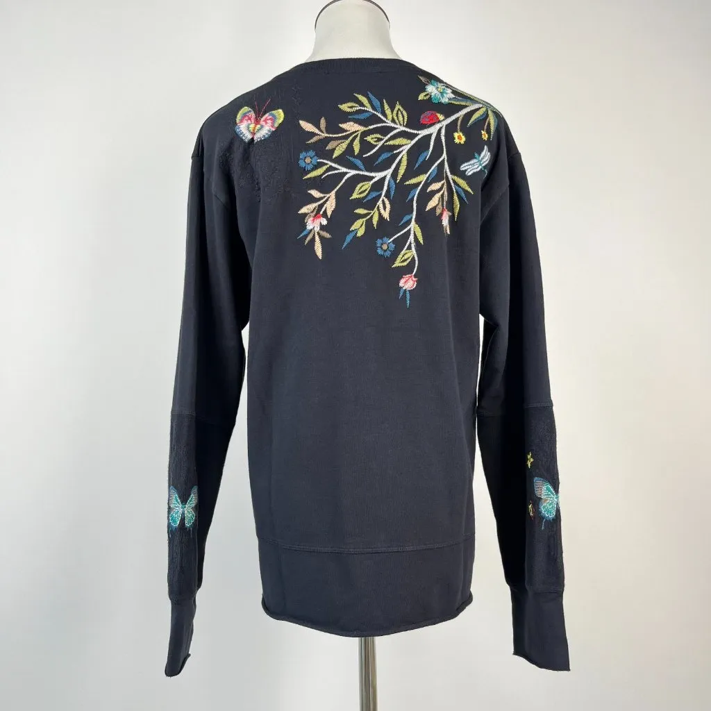 NWOT Johnny Was Embroidered Floral Butterfly Bird Pullover Black Sweatshirt Sz S - Image 6
