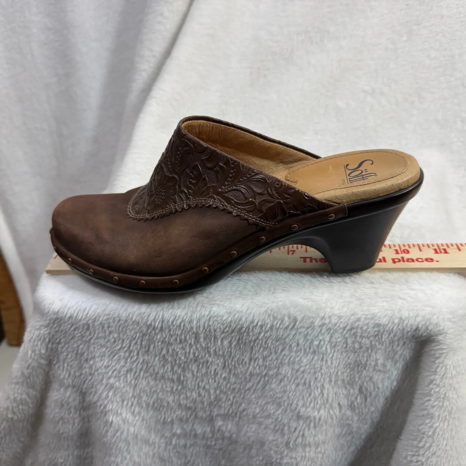 Sofft 8.5 Clog Heel Brown Embossed Leather Cottage Floral Fairy Boho Western Y2K - Image 9