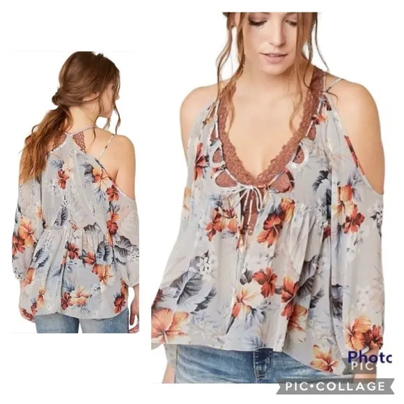 Gimmicks by BKE Floral Cold Shoulder High Low Grey Top XS Boho Peasant Flowy Mod - Image 2