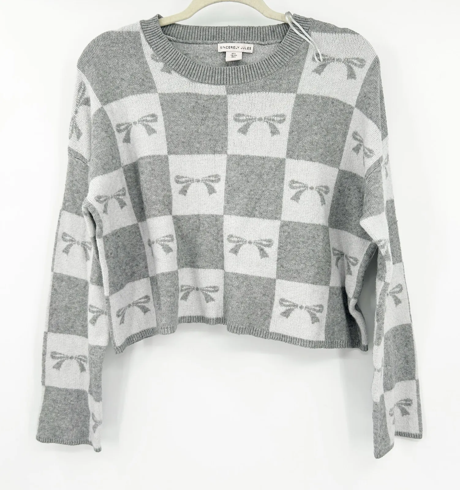 Sincerely Jules Womens Fall Bow Checkered Crewneck Knit Sweater Size L Gray Size L - Image 1