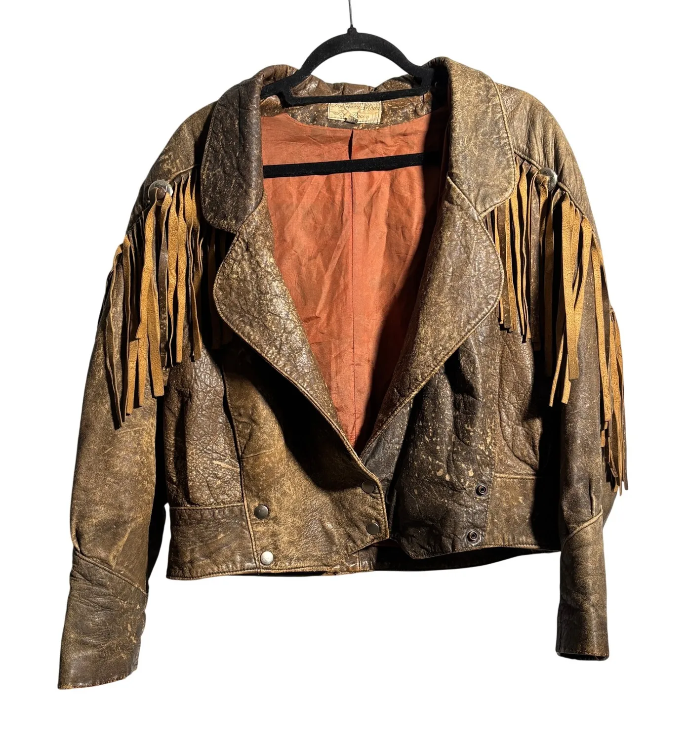 VTG Brown Leather Fringe Jacket Moto Crop Boho Western Rodeo Sz M Distressed SEE Size M - Image 1